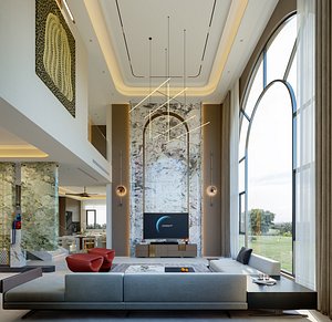 Double-height living room and dining room interior model