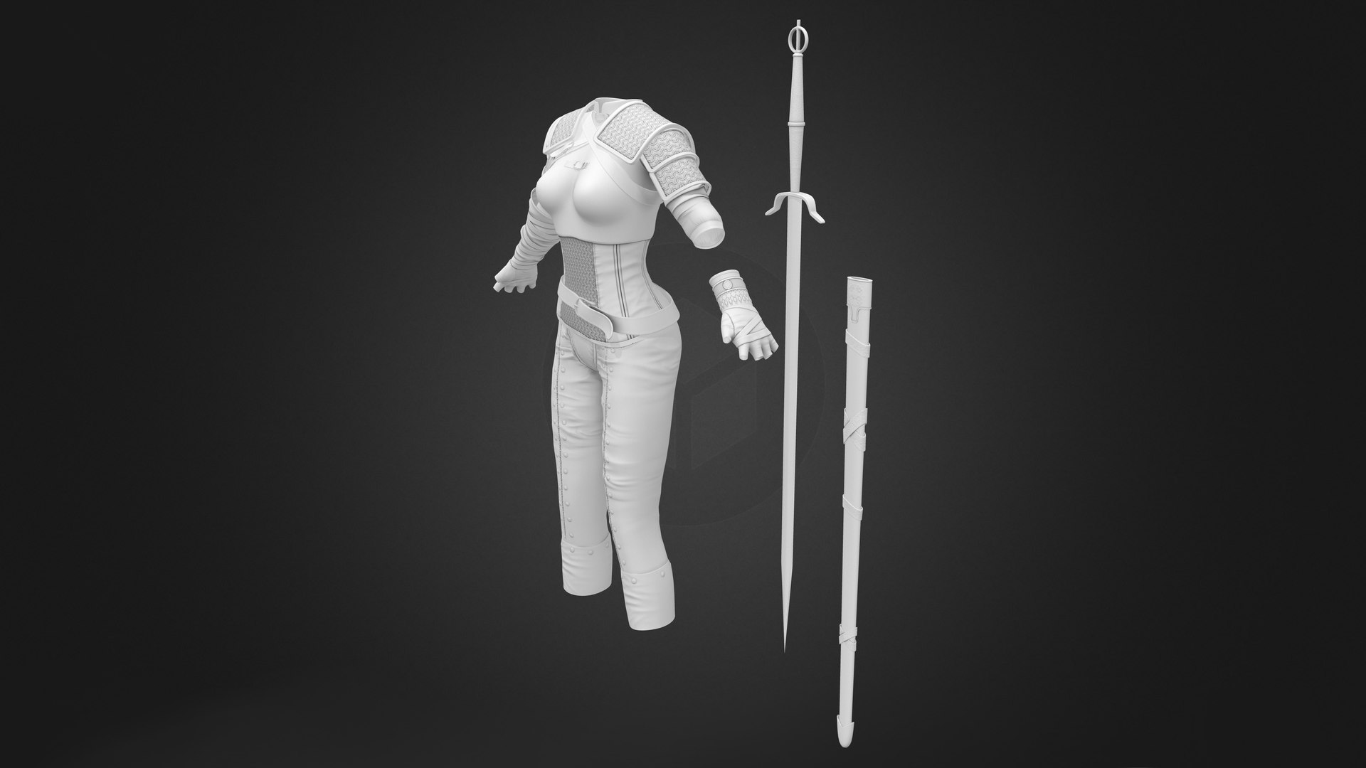  A black and white 3D rendering of a medieval female warrior's outfit, including a sword.