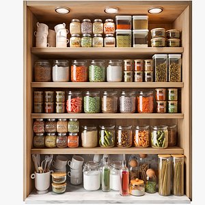 Shelf with spices preserves and kitchen utensils
