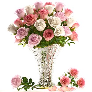 3D model bouquet flowers roses glass vase