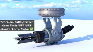 Sci-Fi Dual Gatling Gun Turret 3D Model Game Ready PBR Blender FBX OBJ