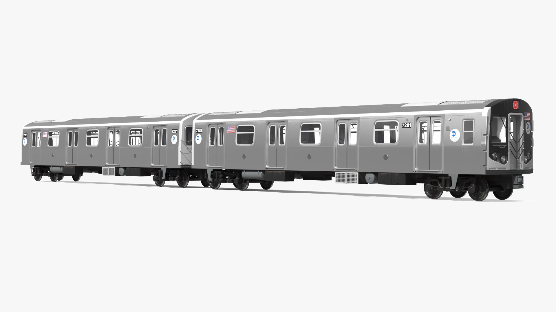 MTA Subway Rolling Stock R160 Two Car Formation Silver Rigged 3D model for vehicle visualization, games, animation, transport scenes, and automotive rendering
