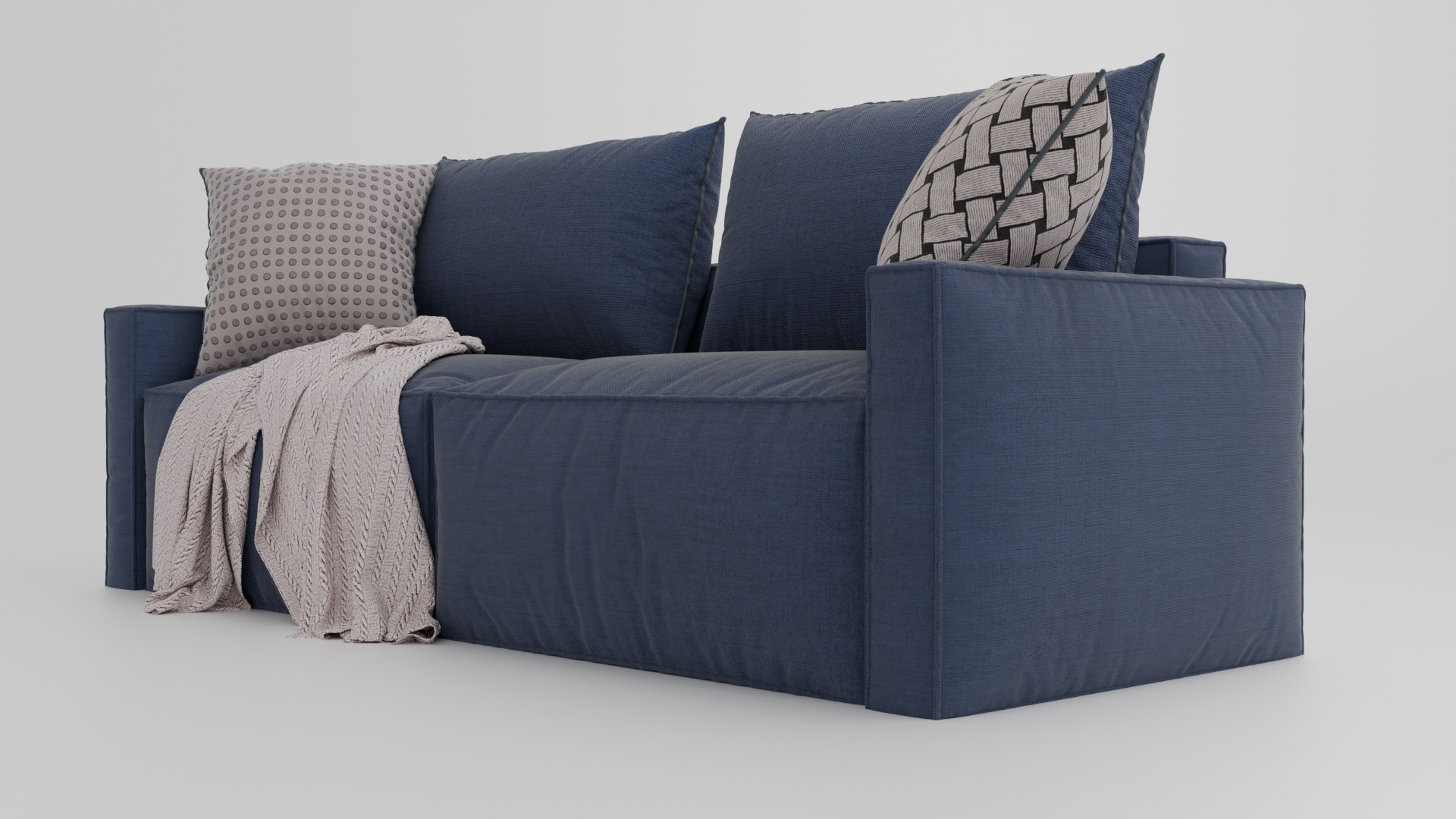 Poly Modern Blue Sofa 3D Model With Cushions Blanket 3D Model