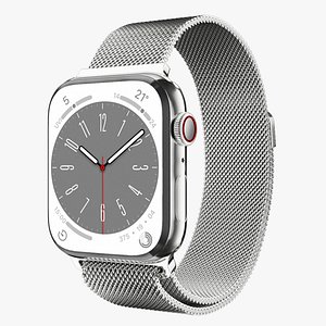 Apple Watch 8 Series -   Silver Stainless Steel Case with Milanese Loop 3D