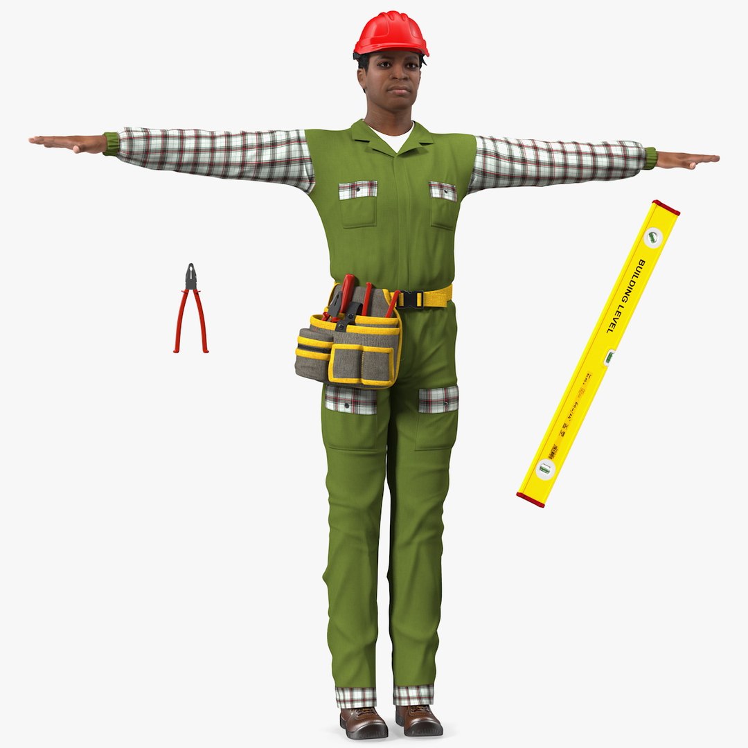 Light Skinned Black Builder T Pose 3D model preview