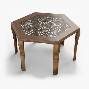 Oriental Wood Geometric Carved Table with Glass Overlay 3D model