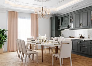 neoclassical interior living and kitchen room