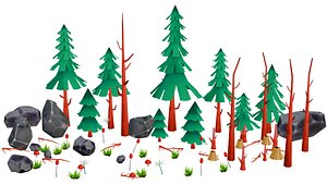 Stylized Low Poly Forest Pack Cartoon Pine Trees Rocks
