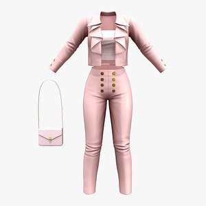 Pink Ruffled Front Jacket Top Pants Bag Outfit 3D
