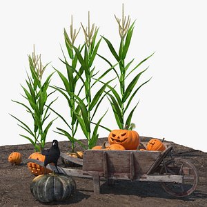 3D model Autumn Harvest Setup with Pumpkins and Crow