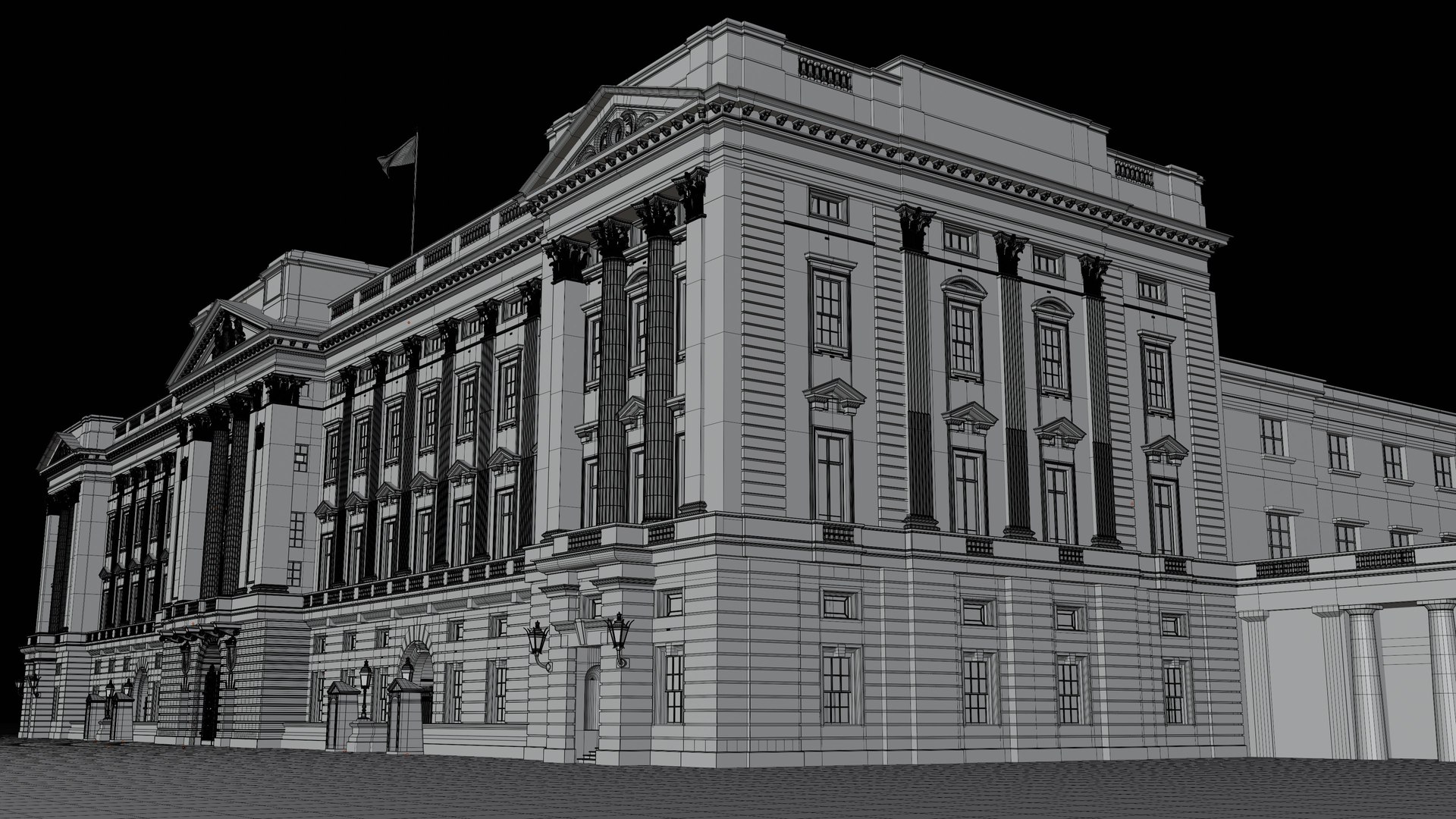 Buckingham Palace PBR model https://p.turbosquid.com/ts-thumb/nd/x8F5mO/oW/wire_1/jpg/1743329778/1920x1080/fit_q87/c9303c804b6c0fddd3ed196951b87c30e6c67cbd/wire_1.jpg