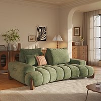 Vintage Mid Century Living Room Scene With Green Fabric Sofa