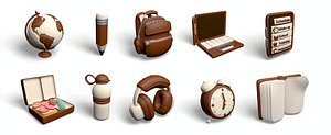 School 3d icon set with Backpack Globe Laptop Lunchbox Headphones Alarm Clock Book Bottle 3D