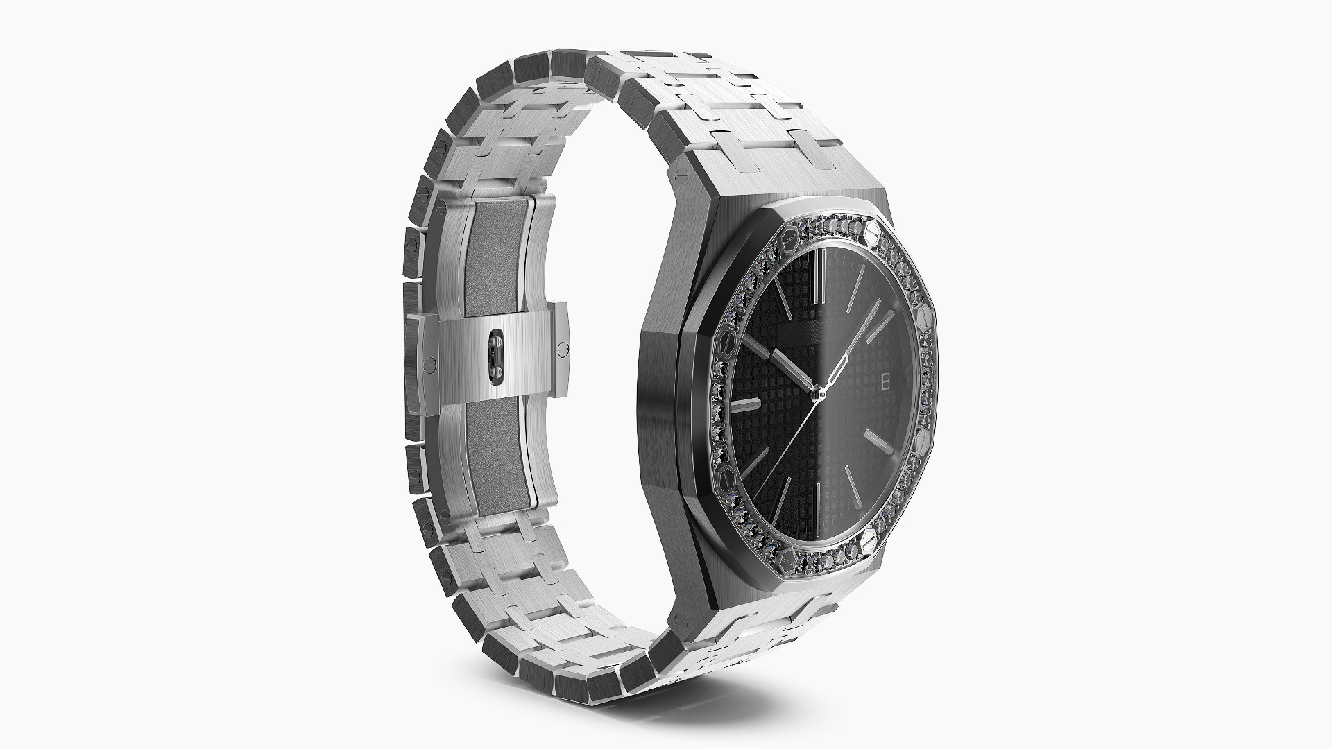 Luxury Royal Watch Black Stainless Steel Diamond-Set Chronograph 3D model preview