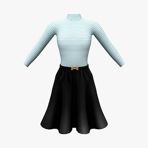 Turtle Neck Over Knee Flaring Skirt Outfit 3D model