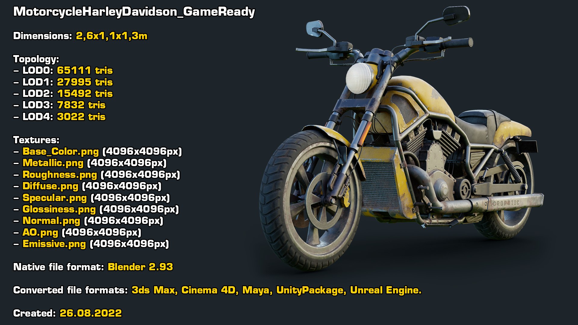 3D Motorcycle Harley Davidson GameReady model https://p.turbosquid.com/ts-thumb/ne/v1EcKY/TW/stats/png/1661630503/1920x1080/fit_q87/2b96a2c876989827087e76b46fb0560b467a64b3/stats.jpg