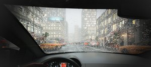 3D scene car buildings rainy model