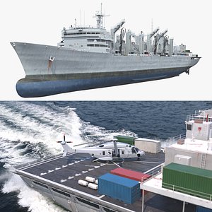 Naval Logistics Vessel with Military Helicopter 3D model