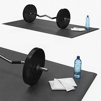 Strength Training Setup with Curved Barbell on Black Mat