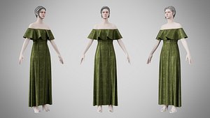 Dress 18 Olive Green Velvet With Design 3D model