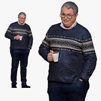 001176 oldy man in purple sweater cup in hand
