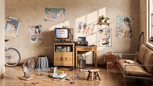 3D Retro 90s Gamer Room Interior Scene