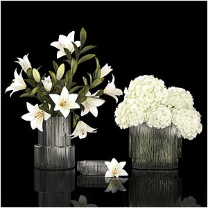 White bouquets of flowers hydrangea lilies glass vase 355 3D