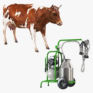 Dairy Cow and Portable Milking Machine 3D