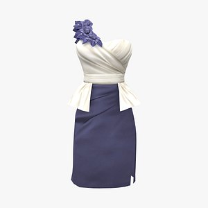 Rose Decor Shoulder Strapless Peplum Dress 3D model