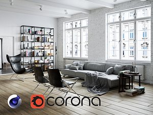 Living Room Interior Scene for Cinema 4D and Corona Renderer