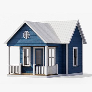 3D model 3D model of a white and blue wooden tiny house with a small porch