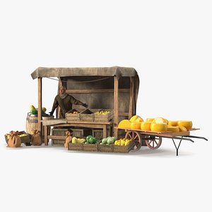 Medieval Merchant in Market Shop with Cart model