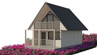 Wooden cottage summer house with flowers