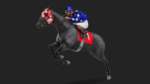 Cavalo de corrida preto pulando com pele de Jokey Modelo 3D $209