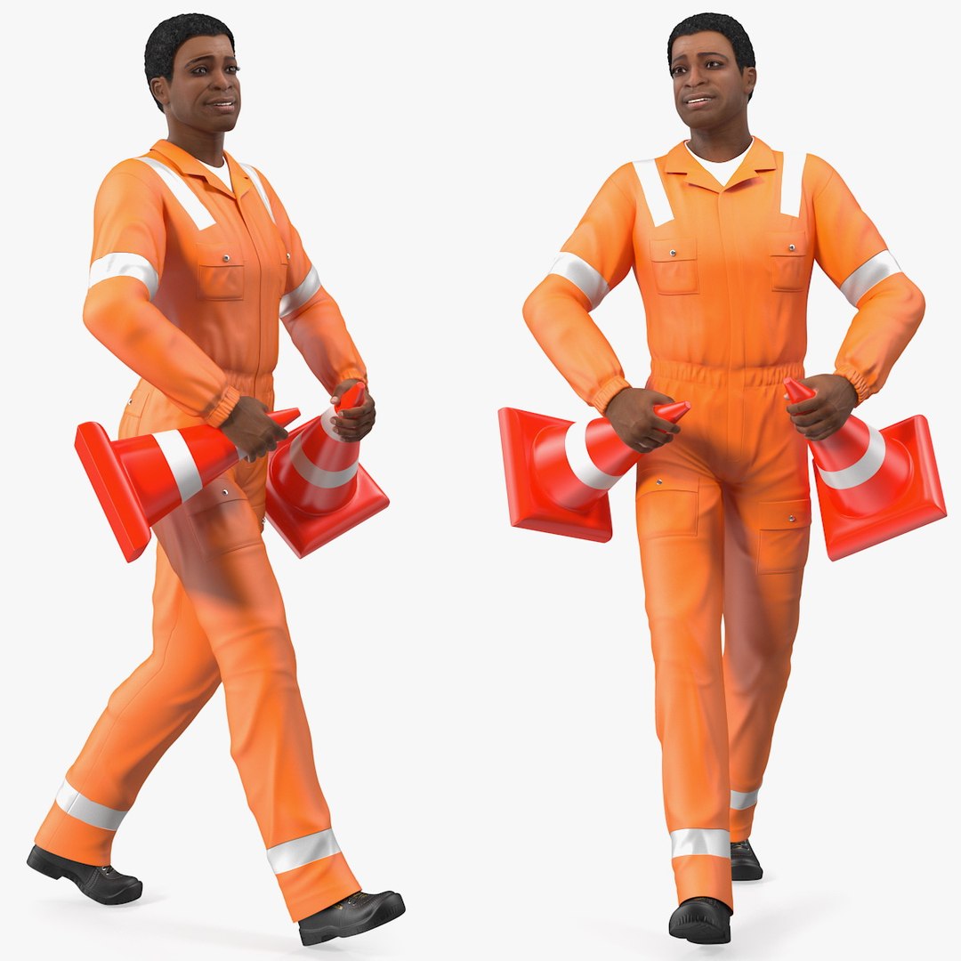 Light Skin Black Road Construction Worker 3D model preview