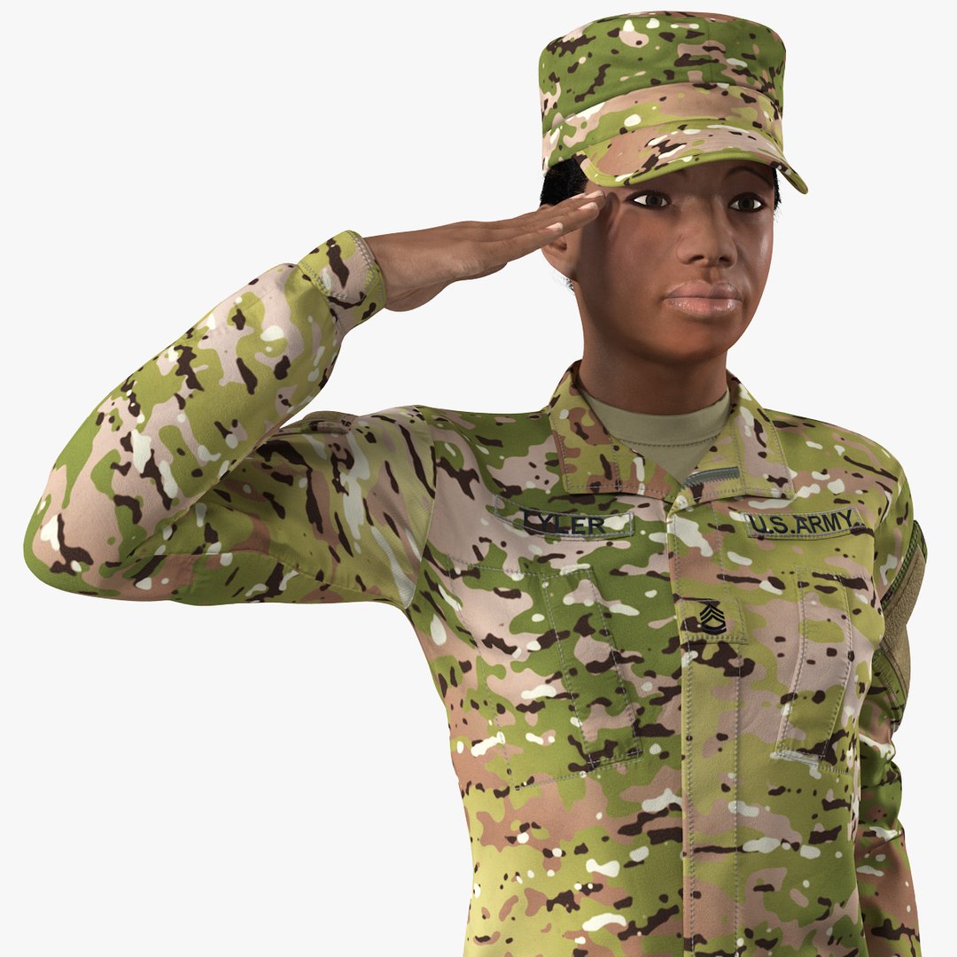 Black Female Soldier Green Camouflage Saluting Pose Fur 3D model preview