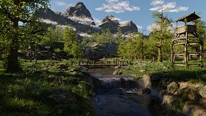 3D model Waterfall Village Scene