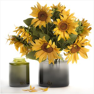 3D Bouquet Of Yellow Sunflowers In A Glass Vase