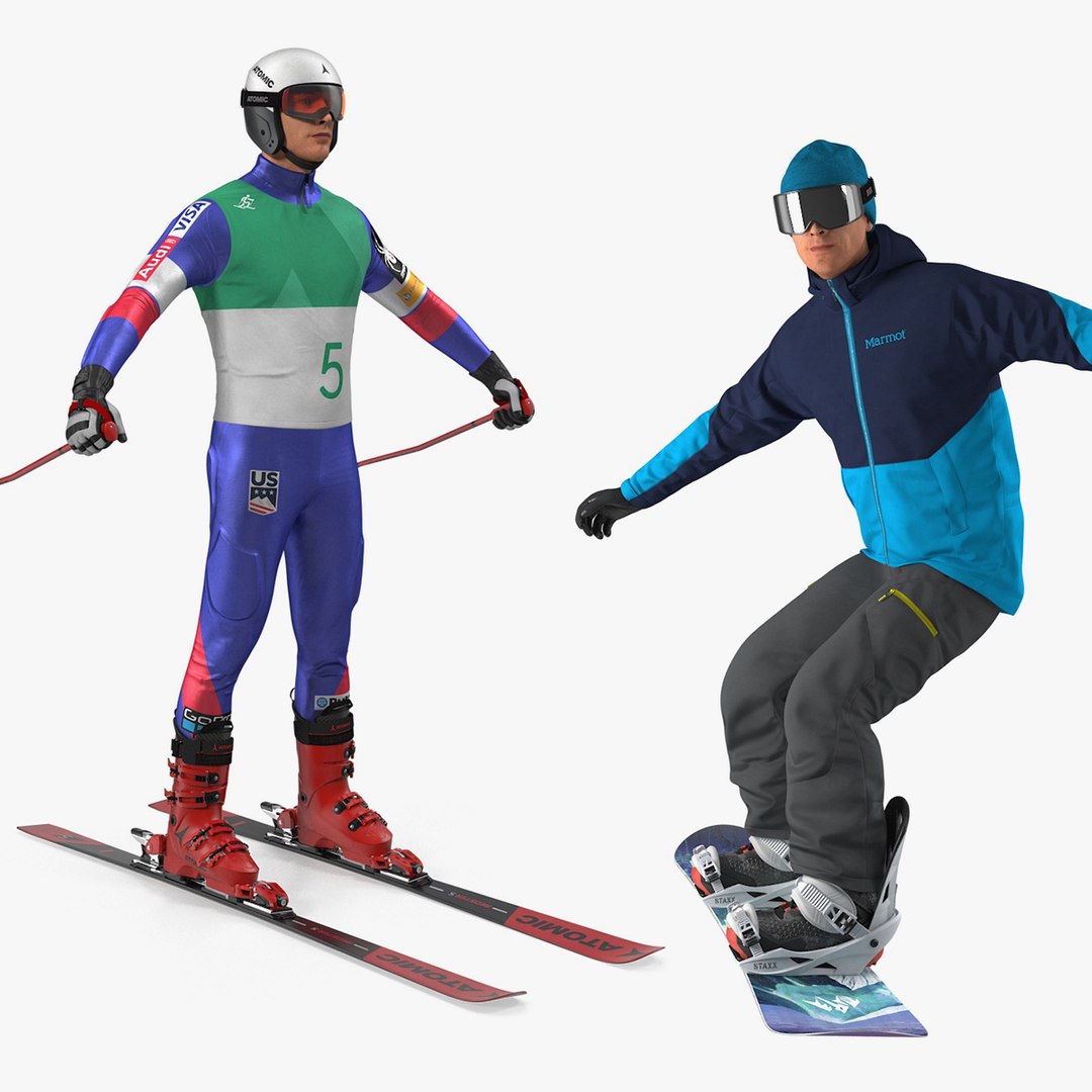 Skier and Snowboard Man Rigged Collection 3D model preview