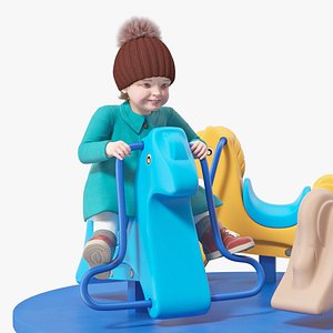 Little Girl Riding Carousel Fur 3D