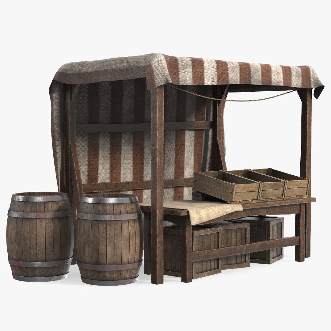 Market Stall with Striped Awning and Wooden Crates 3D model preview