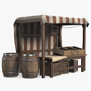 Market Stall with Striped Awning and Wooden Crates