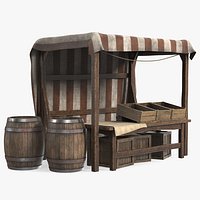 Market Stall with Striped Awning and Wooden Crates