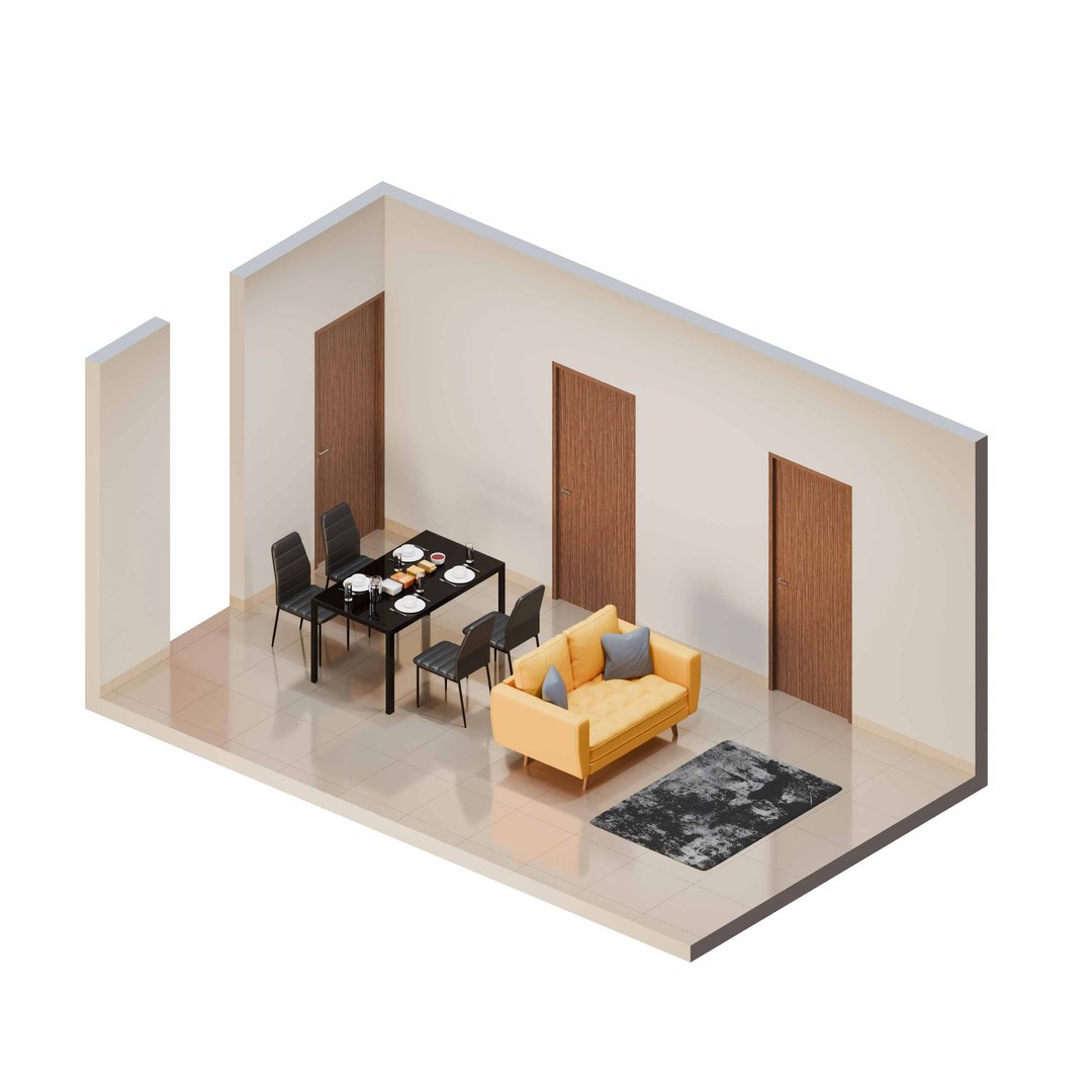 3D Isometric Living Dining Room With One Yellow Sofa And Black ...