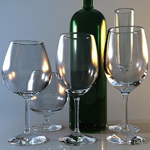 Collection of five wine glasses and a wine bottle