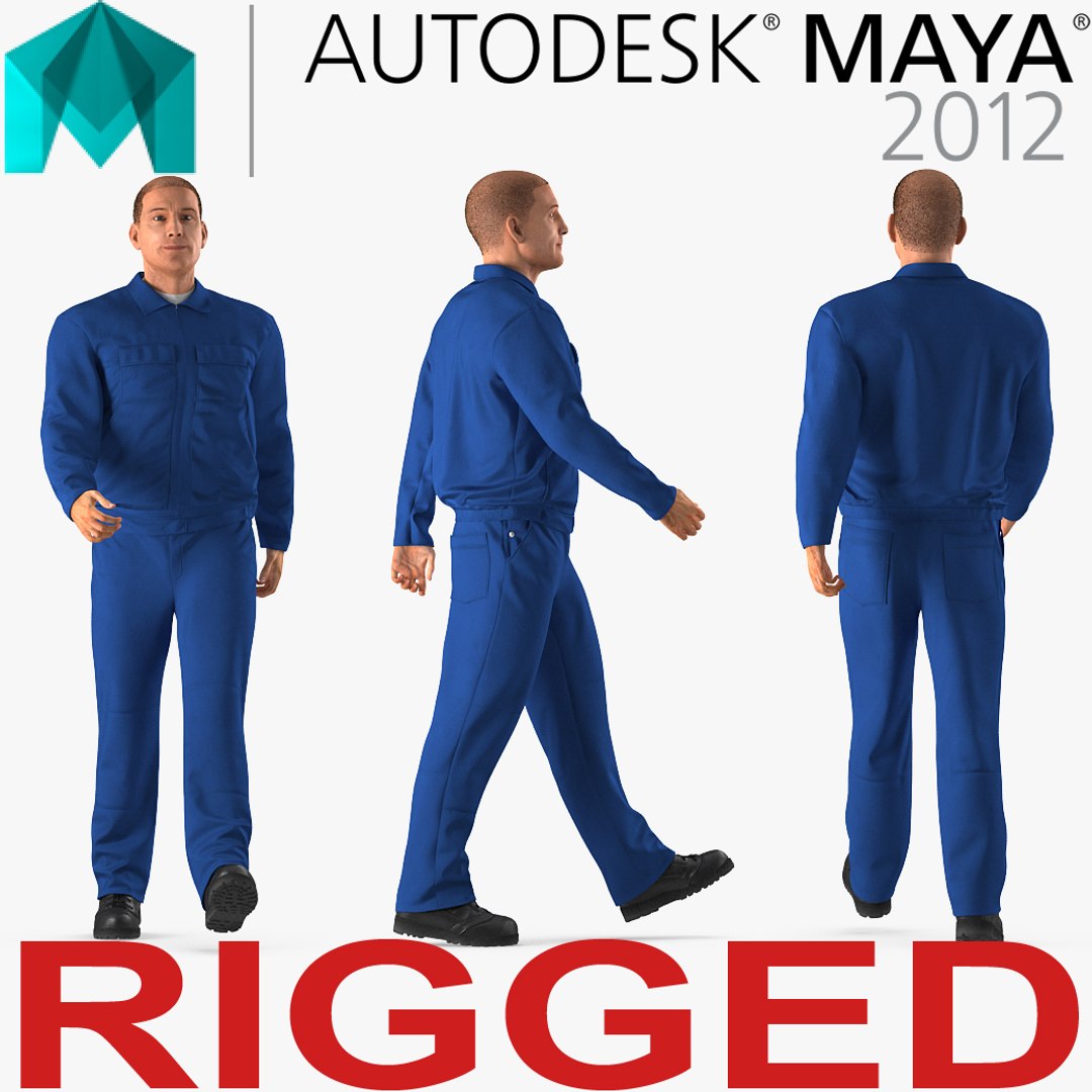 Mechanic Worker Wearing Blue Overalls Rigged for Maya 3D model preview