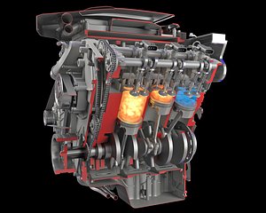 Sectioned Animated V6 Engine Gasoline Ignition