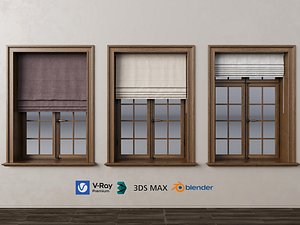 3D Classic Grid Wood Window and Roman Shade Curtain Pack