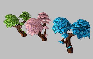 Low poly hand painted stylized cartoon style tree set