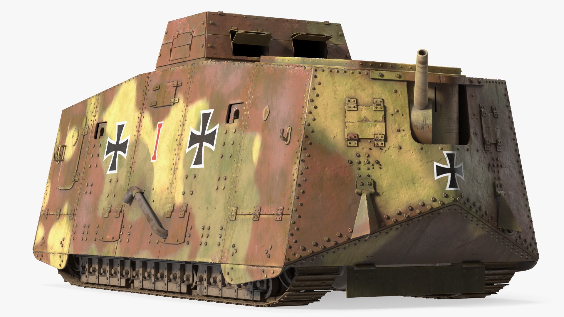 German A7V Sturmpanzerwagen Tank Camo Aged Rigged for Cinema 4D 3D model preview